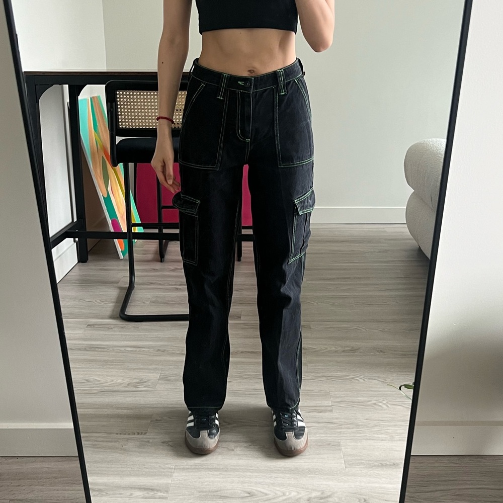 Black denim high rise  jeans with green